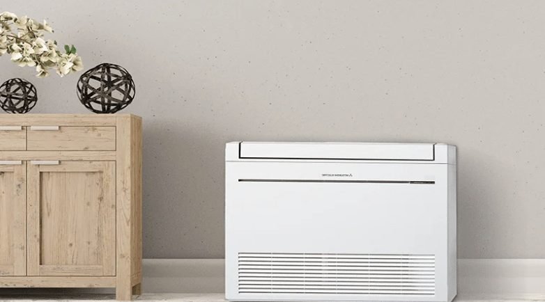 Mitsubishi Electric floor-standing console air conditioning unit in a living room